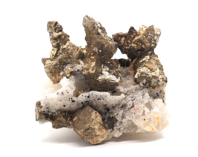 Pyrite with quartz 65mm x 60mm (147 grams). Ethically sourced and fair trade mineral.