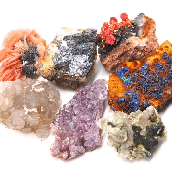 7 stuks verzameling +/- 40-70mm Amethist Azuriet Cerussiet Bariet Kwarts Galeniet Vanadiniet Epidoot. Ethically sourced fair trade minerals.