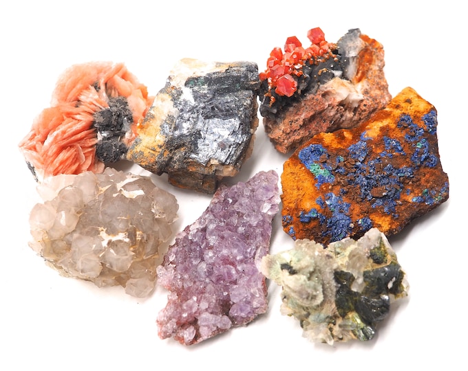 7 pieces collection +/- 40-70mm Amethyst Azurite Cerussite Barite Quartz Galenite Vanadinite Epidote. Ethically sourced fair trade minerals.