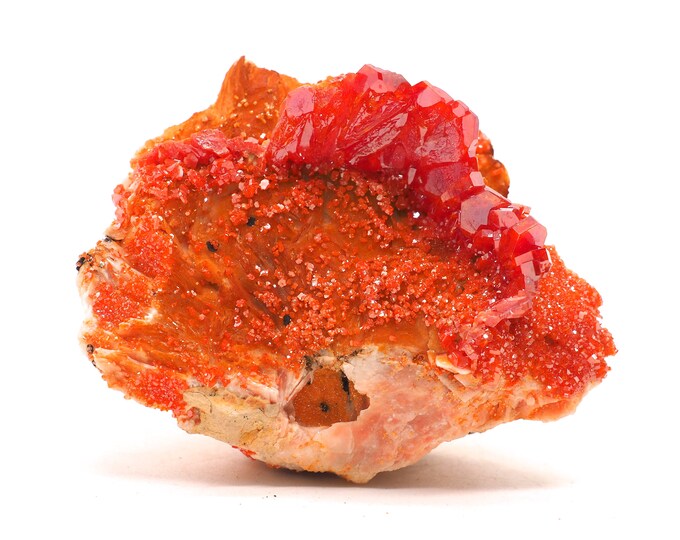 Vanadinite Barite 65mm x 55mm (169 grams). Bright red Vanadinite crystals on Barite. Top quality. Ethically sourced fair trade mineral.