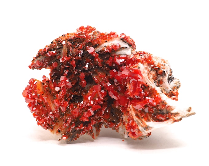 Bright pure red Vanadinite on Barite 75mm x 60mm (155 grams). Ethically sourced and fair trade mineral.
