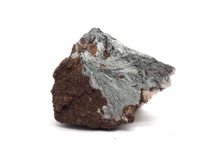 Stibine (Pyrolusite stibnite) 45mm x 35mm (61 grams). Pure Stibine. Silver grey. Point. Fair trade crystal minerals. Ethically sourced.