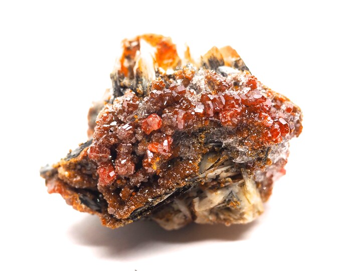 Vanadinite crystals and quartz granules on black barite 40 mm x 30 mm (53 grams)