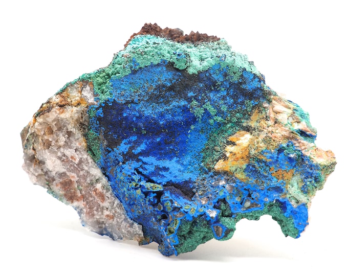Malachite azurite chrysocolla quartz barite 110mm x 80mm (263 grams). Buy fair trade crystals and minerals. Ethically sourced.