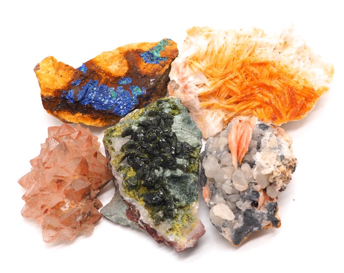 5 pieces collection +/- 50-60mm Azurite Cerussite Barite Epidote Rock Crystal Vanadinite Barite. Ethically sourced and fair trade minerals.