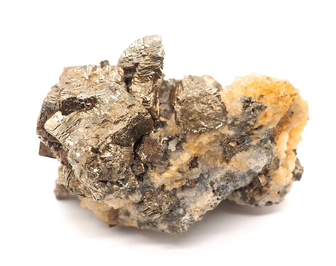 Pyrite with quartz 70 mm x 45 mm (206 grams). Ethically sourced and fair trade mineral.