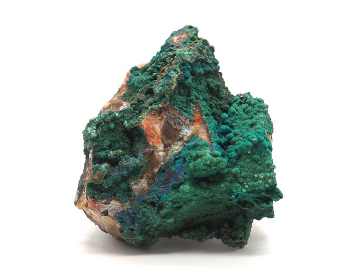 Malachite chrysocolla fluorite 70mm x 60mm (233 grams). Ethically sourced and fair trade mineral.