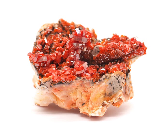 Vanadinite Barite 50mm x 40mm (87 grams). Bright red crystals on barite. Ethically sourced and fair trade mineral. Morocco, Mibladen.