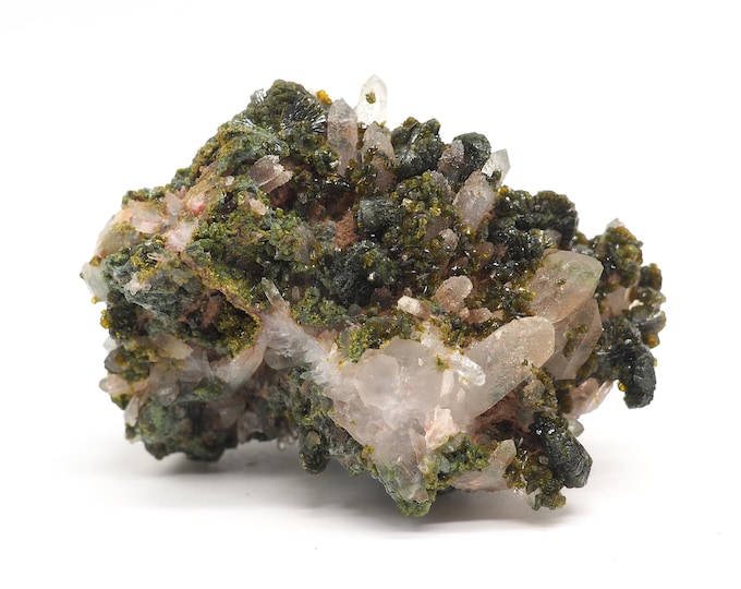 Epidote with quartz 80mm x 50mm (138 grams). Ethically sourced and fair trade mineral.