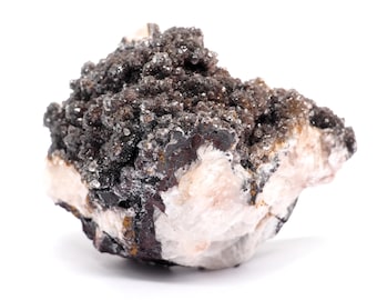 May include: A close-up of a mineral specimen featuring a cluster of dark, crystalline structures atop a base of white and reddish-brown rock. The mineral has a rough, textured surface and is set against a white background.