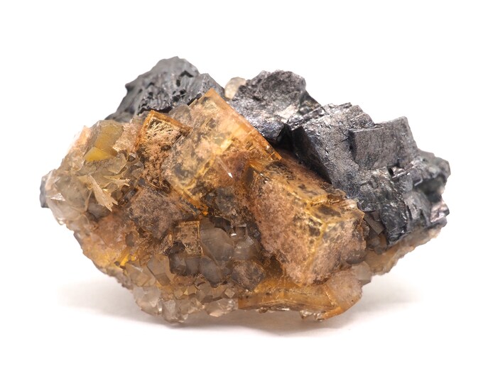 Fluorite with galena and quartz 60mm x 45mm (128 grams). Ethically sourced and fair trade mineral. Clear fluorite. From mine to market.