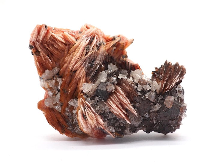 Cerussite Barite Galenite Garnet 85mm x 55mm - 291gram. Ethically sourced and fair trade mineral from Morocco. Pure energy. Colorful.