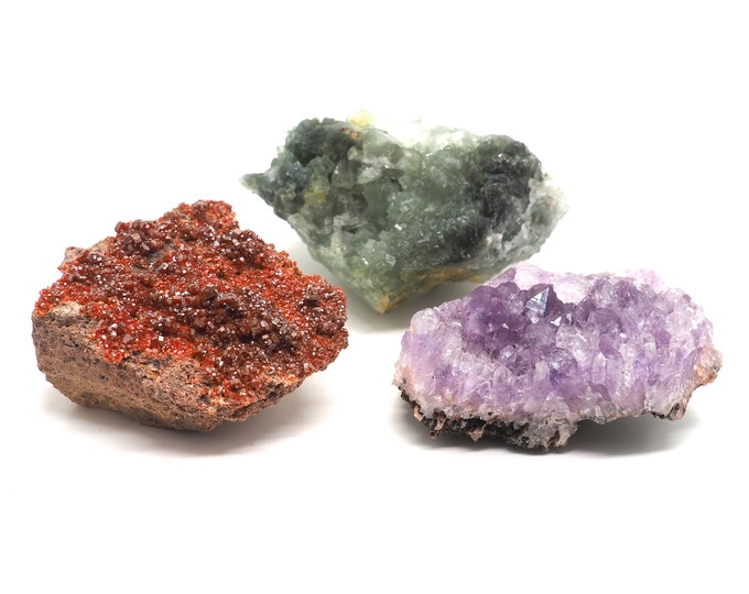 3 pieces MapuMinerals collection +/- 60 mm Vanadinite Prehnite Amethyst. Ethically sourced and fair trade mineral.