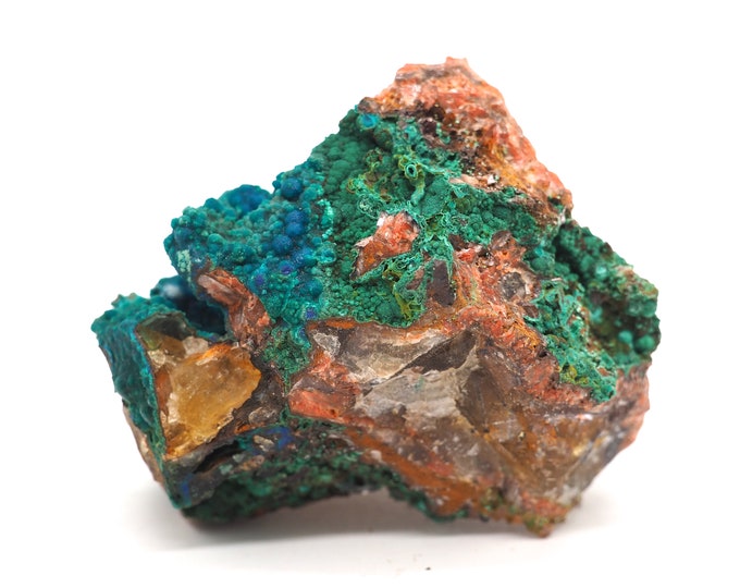Malachite chrysocolla fluorite 55mm x 35mm (102 grams). Ethically sourced and fair trade mineral.