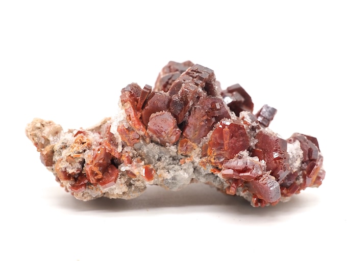 Vanadinite with quartz 80mm x 45mm (129 grams). Good quality. Ethically sourced and fair trade mineral.