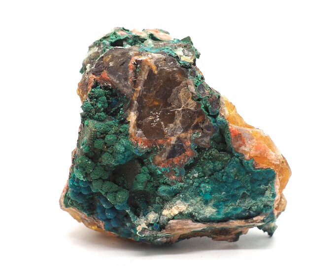 Malachite chrysocolla fluorite 85mm x 65mm (307 grams) Ethically sourced and fair trade mineral.