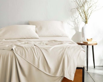 100% Bamboo Viscose Bed Sheet Set, Cooling Deep Pocket Bed Sheets-Ultra Soft & Breathable - 4 Piece Set (Ivory)