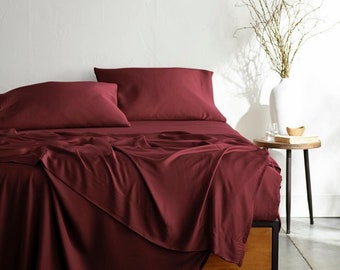 100% Bamboo Viscose Bed Sheet Set, Cooling Deep Pocket Bed Sheets-Ultra Soft & Breathable - 4 Piece Set (Ruby Red)