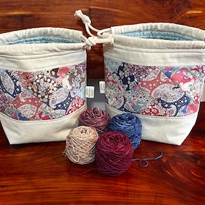 Small Tilda and Linen Patchwork knitting drawstring project bag