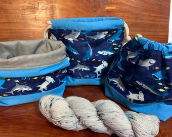 Shark Week sock project bag for knitters, crocheters