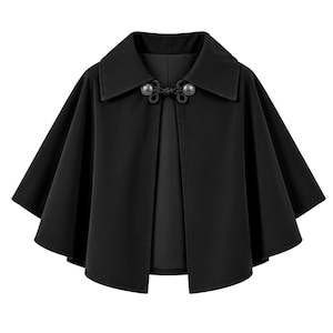 May include: A solid black cape featuring a wide collar and a decorative front closure. The closure consists of two silver-toned metallic buttons connected by black braided cord loops, creating a symmetrical design at the neckline.