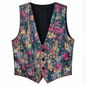 May include: A floral print vest with a black interior and four black buttons. The vest features a colorful pattern of pink, yellow, and blue flowers on a dark background. The vest has a V-neck design.