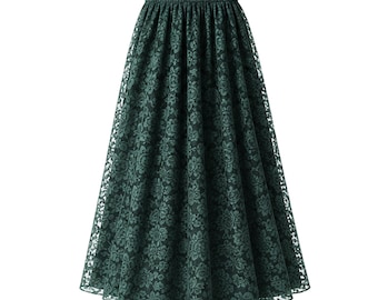May include: A dark forest green midi skirt featuring an intricate floral lace overlay pattern. The garment has a high-waisted design with a gathered elastic waistband and a flared, A-line silhouette that falls to a mid-calf length.