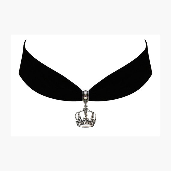 Black Velvet Steampunk Gothic Royal Crown King Queen Royalty England France History Medieval Throne Pendant Necklace Choker Jewelry Gift