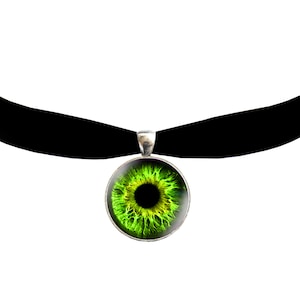 May include: A black velvet choker necklace with a silver pendant featuring a green eye with a black pupil.