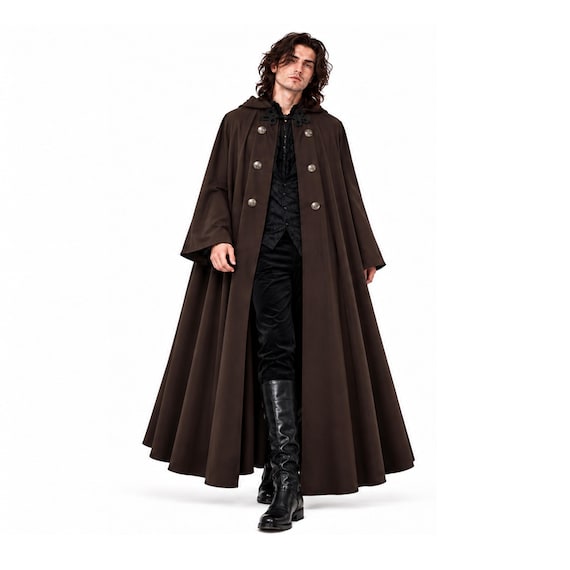 Steampunk Gothic Cape Medieval Men Women Victorian History Knight Stage Military Pirate Costume Larp Button Hooded Cape Cloak with Sleeves.