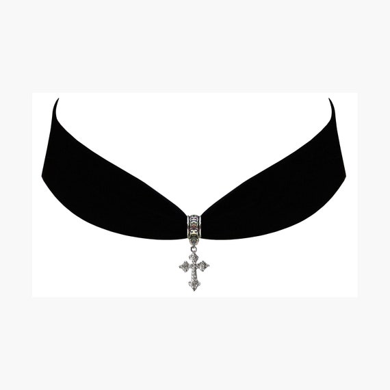 Black Velvet Steampunk Gothic Cross Medieval Renaissance Stage History  Pendant Necklace Choker Jewelry Gift
