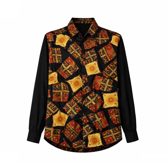 Medieval Heraldic Print Gothic Steampunk Dress Shirt Men Formal Vintage Inspired Western Pirate Theater Stage Historical Black .