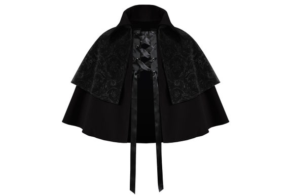 Mens Womens Gothic Steampunk Victorian Medieval Renaissance Western Pirate Velvet Larp Knight Ranger Collar 2 Layer Black Capelet Cloak Cape
