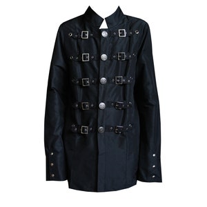 May include: A black long-sleeved jacket with a stand-up collar and multiple silver buckles down the front.