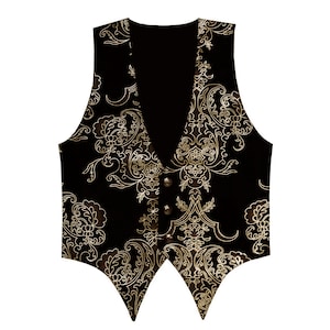 May include: A black vest with a gold floral pattern and three gold buttons. The vest has a V-neck and a pointed bottom. The gold pattern is intricate and covers the entire vest, creating a formal look.
