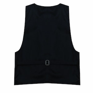 May include: A solid black vest with a V-neck and a small adjustable buckle at the back. The vest is made of a smooth, possibly woven, fabric. The back of the vest is visible against a white background.