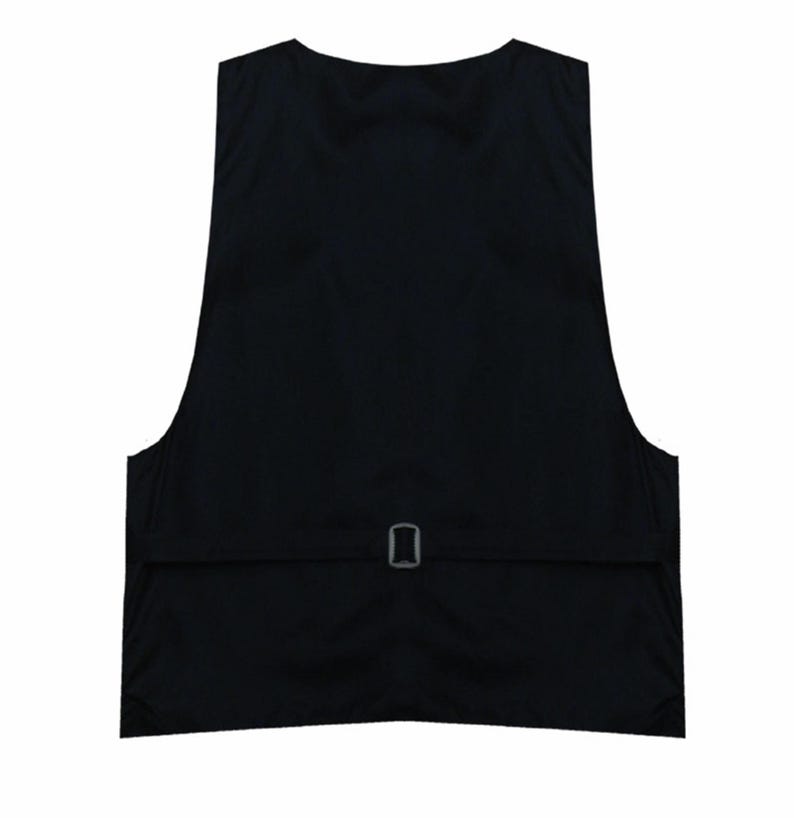May include: A solid black vest with a V-neck and a small adjustable buckle at the back. The vest is made of a smooth, possibly woven, fabric. The back of the vest is visible against a white background.