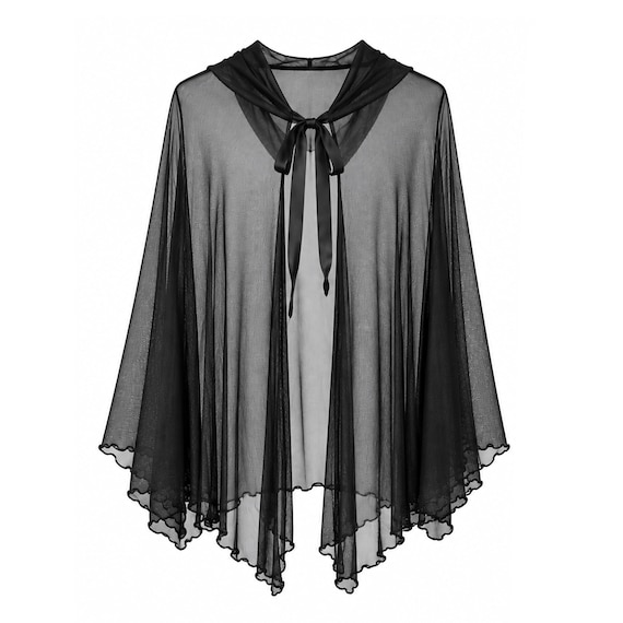 Gothic Steampunk Short Transparent Black Mesh Cape Victorian Medieval Hood Renaissance Cloak Pirate Clothing Cosplay Halloween Costume Stage