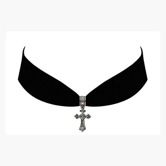 Black Velvet Steampunk Gothic Cross Medieval Renaissance Stage History  Pendant Necklace Choker Jewelry Gift