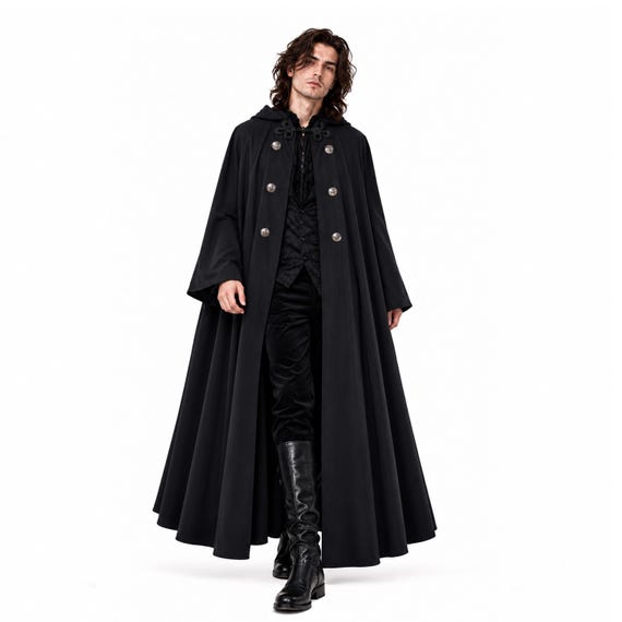 Steampunk Gothic Cape Medieval Men Women Victorian History Knight Stage Military Pirate Costume Larp Button Hooded Cape Cloak with Sleeves.