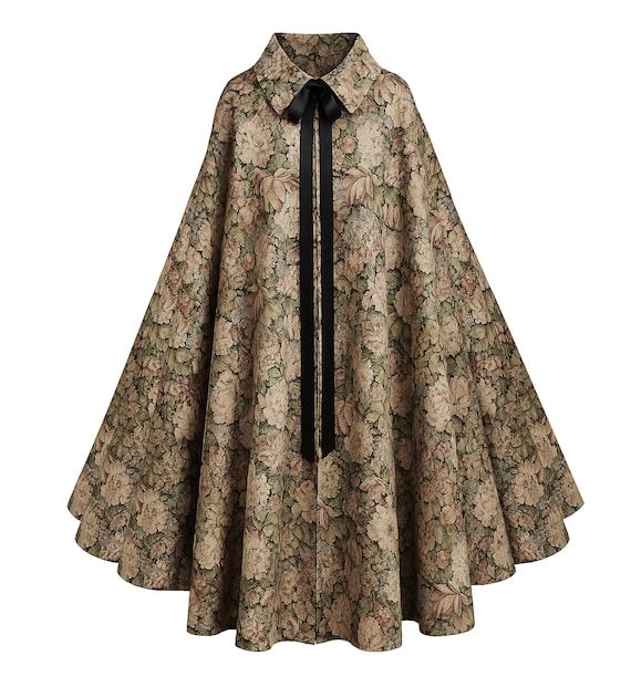Tapestry Cloak Gothic Steampunk Cape Victorian Medieval Renaissance Floral Forest Halloween Costume Stage Theater Brocade Formal Hooded