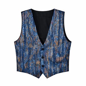 May include: A patterned vest with a V-neck and three black buttons. The vest features a blue, orange, and brown vertical stripe design. The back of the vest is black.