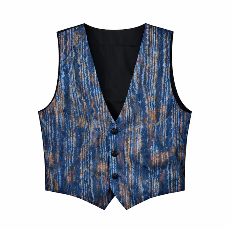 May include: A patterned vest with a V-neck and three black buttons. The vest features a blue, orange, and brown vertical stripe design. The back of the vest is black.