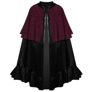 Victorian Cape Gothic Steampunk Cloak Renaissance Medieval Ruffle 2 Layer Women Civil War Cosplay Halloween Hooded Capelet Short 3/4 Length.