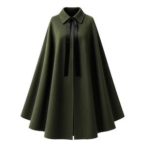 May include: Olive green cape with a collar and a black satin ribbon tie. The cape is made of a soft, flowing fabric and has a classic design. The cape is a versatile piece of outerwear.