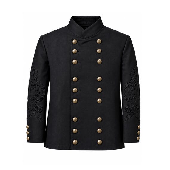 Mens Steampunk Gothic Military Historical Jacket Victorian Edwardian Pirate Western Deadwood Civil War Black Denim Braid Detailing XL-XXL