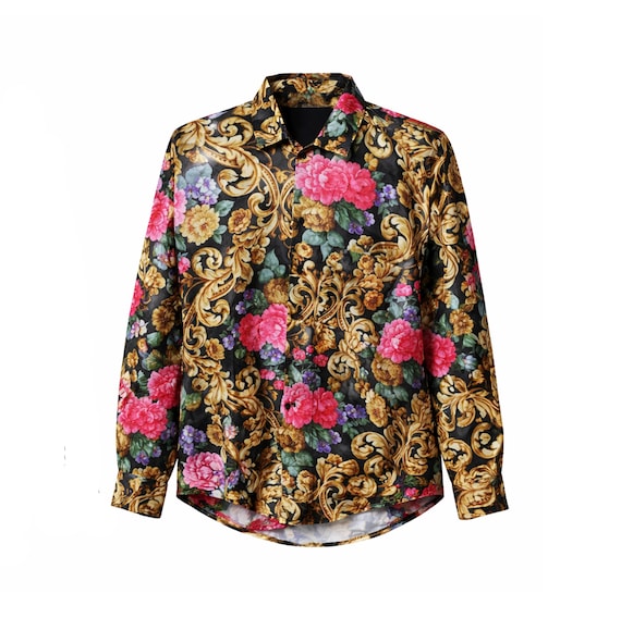 Luxe Baroque Print Gothic Steampunk Dress Shirt Men Formal Vintage Inspired Western Pirate Theater Stage Historical Black .