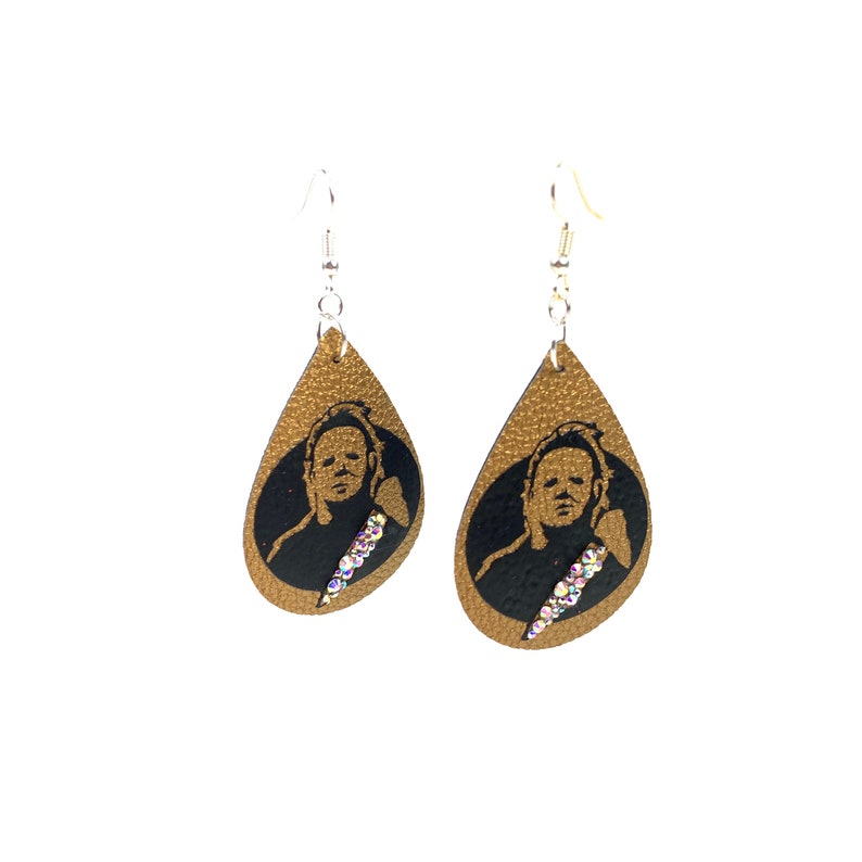 Michael Myers Earrings Halloween Horror Movie Jewelry Faux Leather /& Crystal AB Rhinestones USA Handmade