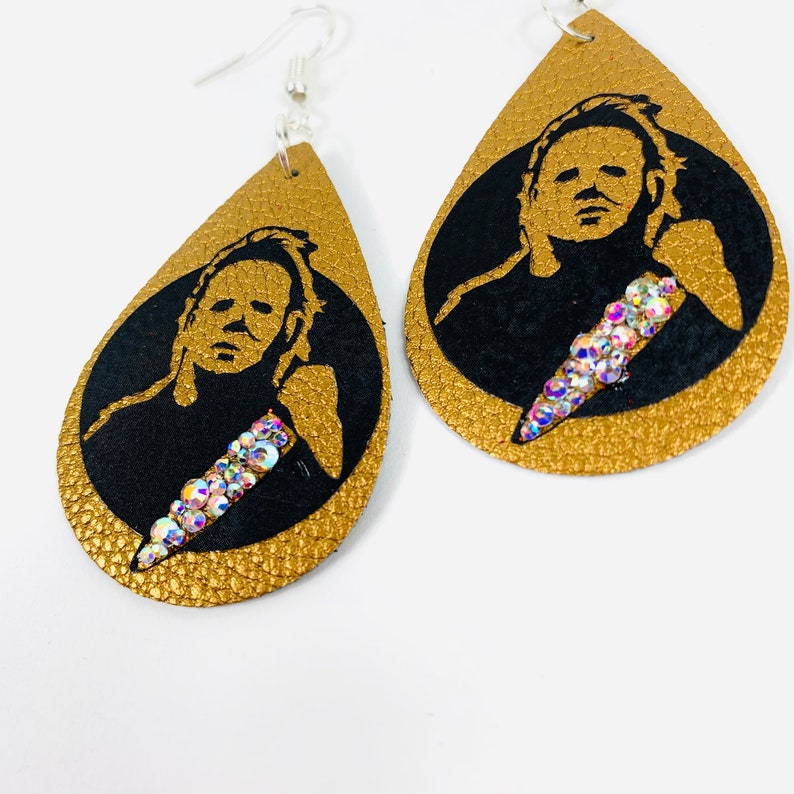Michael Myers Earrings Halloween Horror Movie Jewelry Faux Leather /& Crystal AB Rhinestones USA Handmade