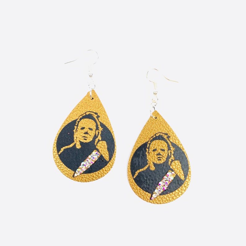 Michael Myers Earrings Halloween Horror Movie Jewelry Faux Leather /& Crystal AB Rhinestones USA Handmade